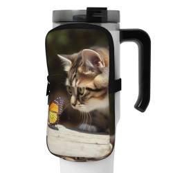 OUSIKA Wasserflasche mit Katzen- und Schmetterlings-Aufdruck, Trinkflasche, Tasche, Handheld-Sport-Trinkflasche, Zubehör, Tasche, Reißverschluss, Gürteltasche für Männer und Frauen, Schwarz , M von OUSIKA