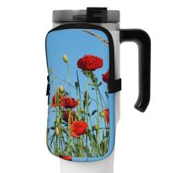 OUSIKA Wasserflasche mit Mohnblumen auf blauem Himmel, Beutel, Trinkflasche, Zubehör, Tasche, Reißverschluss, Gürteltasche für Männer und Frauen, Schwarz , S von OUSIKA