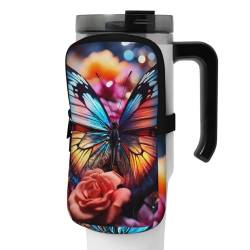 OUSIKA Wasserflasche mit Rosen- und Schmetterlings-Motiv, Beutel, Tasche, Handheld-Sport-Trinkflasche, Zubehör, Tasche, Reißverschluss, Gürteltasche für Männer und Frauen, Schwarz , M von OUSIKA