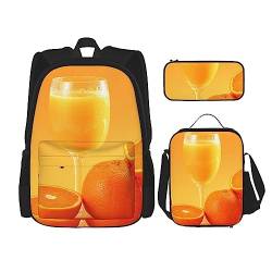 Rucksack mit orangefarbenem Saftdruck, 3-teilig, lässiger Tagesrucksack, Lunchbox, Federmäppchen, Kombinationsset für Reisen, Orange, Einheitsgröße, Rucksack, Freizeit, Reisen, Orange, Einheitsgröße, von OUSIKA