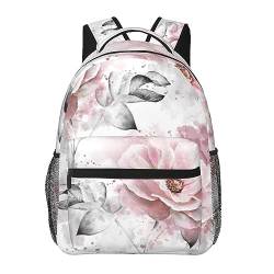 Rucksack mit rosa Blumen und Blättern auf grauem Druck, große Kapazität, Laptoptasche für Damen und Herren, lässiger Rucksack für Reisen, Büro, Schwarz, Einheitsgröße von OUSIKA