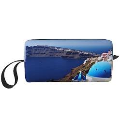 Santorini Griechische Insel Meerblick Kosmetiktaschen für Frauen Tragbare Make-up-Tasche Reise Aufbewahrungstasche Täglicher Empfang Tasche Große Kapazität Kulturbeutel, weiß, Einheitsgröße von OUSIKA