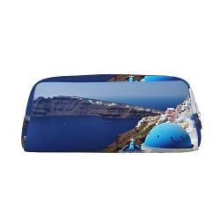 Santorini Griechische Insel Meerblick Make-up-Tasche Leder Federmäppchen Reise Kulturbeutel Kosmetiktasche tägliche Aufbewahrungstasche für Frauen, silber, Einheitsgröße, Taschen-Organizer von OUSIKA