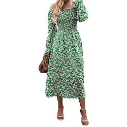 OUSIMEN Kleid Damen 2023 Boho Blumendruck Casual Midi Square-Kragen Rüschen Langarm Freizeitkleid von OUSIMEN