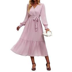 OUSIMEN Kleid Damen 2024 V Ausschnitt Midi Langarm Freizeitkleid Einfarbig Elegante Hohe Taille A-Line Kleider von OUSIMEN