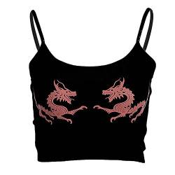 OVERDOSE Damen Dragon Drucken Weste Fashion Camisole Baumwolle Sommer ärmelloses Tops T-Shirt Strand Bluse(A-Black,EU-36/CN-M) von OVERDOSE