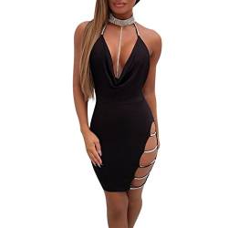 OVERDOSE Damen Tiefem V-Ausschnitt Neckholder Rückenfrei Choker Schlitz Pailletten Bodycon Minikleid Club Partyleid (A-Black,EU-38/CN-M) von OVERDOSE