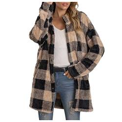 OVERMALL Winter Damen Jakce Lang Cardigan Karierte Langarm Warme Dick Plüschjacke Strickjacke mit Kapuze Knielang Winterjacke von OVERMALL