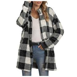 OVERMALL Winter Damen Jakce Lang Cardigan Karierte Langarm Warme Dick Plüschjacke Strickjacke mit Kapuze Knielang Winterjacke von OVERMALL