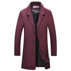 OWLKAY Tweed Jacke Herren Herbst Winter Slim Fit Langarm Jacke Herren Mittlere Länge Britischer Stil Herren Coat Mantel Einfarbig Winddichte Jacke Herren D-Wine Red XXL von OWLKAY