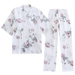 OWLONLINE Weicher, Reiner Pyjama aus Baumwollkrepp für Damen, japanischer Kimono-Pyjama, Größe L-C3 von OWLONLINE