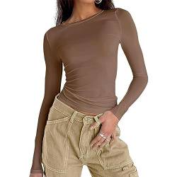 Damen Langarmshirt Elegant Oberteil Y2k Fashion Crop Top Sexy Langarm T-Shirt Bluse Aesthetic Clothes(Braun,L) von OYIGELZ