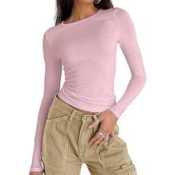 Damen Langarmshirt Elegant Oberteil Y2k Fashion Crop Top Sexy Langarm T-Shirt Bluse Aesthetic Clothes(Hellrosa,L) von OYIGELZ