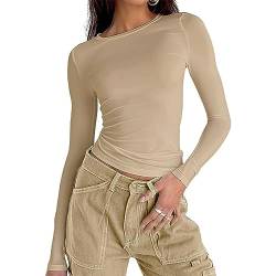 Damen Langarmshirt Elegant Oberteil Y2k Fashion Crop Top Sexy Langarm T-Shirt Bluse Aesthetic Clothes(Khaki,S) von OYIGELZ