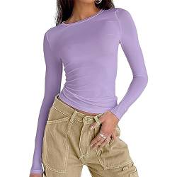 Damen Langarmshirt Elegant Oberteil Y2k Fashion Crop Top Sexy Langarm T-Shirt Bluse Aesthetic Clothes(Lila,L) von OYIGELZ