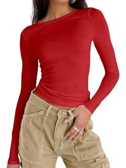 Damen Langarmshirt Elegant Oberteil Y2k Fashion Crop Top Sexy Langarm T-Shirt Bluse Aesthetic Clothes(Rot,L) von OYIGELZ