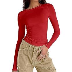 Damen Langarmshirt Elegant Oberteil Y2k Fashion Crop Top Sexy Langarm T-Shirt Bluse Aesthetic Clothes(Rot,S) von OYIGELZ