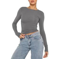 OYIGELZ Damen Langarmshirt Rundhals Slim Fit Y2K Oberteile Basic Crop Tops Casual Streetwear t Shirt(Grau-06,M) von OYIGELZ