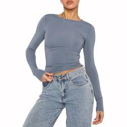 OYIGELZ Damen Langarmshirt Rundhals Slim Fit Y2K Oberteile Basic Crop Tops Casual Streetwear t Shirt(Grau Blau-06,L) von OYIGELZ