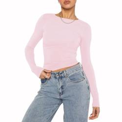 OYIGELZ Damen Langarmshirt Rundhals Slim Fit Y2K Oberteile Basic Crop Tops Casual Streetwear t Shirt(Hellrosa-06,S) von OYIGELZ