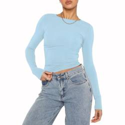 OYIGELZ Damen Langarmshirt Rundhals Slim Fit Y2K Oberteile Basic Crop Tops Casual Streetwear t Shirt(Himmelblau-06,L) von OYIGELZ