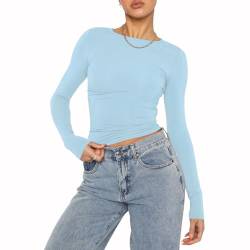 OYIGELZ Damen Langarmshirt Rundhals Slim Fit Y2K Oberteile Basic Crop Tops Casual Streetwear t Shirt(Himmelblau-06,S) von OYIGELZ