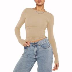 OYIGELZ Damen Langarmshirt Rundhals Slim Fit Y2K Oberteile Basic Crop Tops Casual Streetwear t Shirt(Khaki-06,L) von OYIGELZ