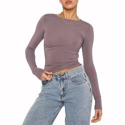 OYIGELZ Damen Langarmshirt Rundhals Slim Fit Y2K Oberteile Basic Crop Tops Casual Streetwear t Shirt(Leder Rosa-06,M) von OYIGELZ