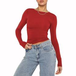 OYIGELZ Damen Langarmshirt Rundhals Slim Fit Y2K Oberteile Basic Crop Tops Casual Streetwear t Shirt(Rot-06,S) von OYIGELZ