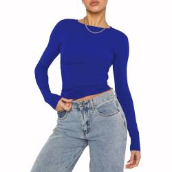 OYIGELZ Damen Langarmshirt Rundhals Slim Fit Y2K Oberteile Basic Crop Tops Casual Streetwear t Shirt(Saphirblau-06,S) von OYIGELZ