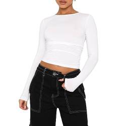 OYIGELZ Damen Langarmshirt Rundhals Slim Fit Y2K Oberteile Basic Crop Tops Casual Streetwear t Shirt(Weiß-06,S) von OYIGELZ