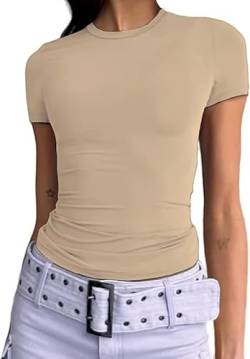 OYIGELZ Damen T-Shirt Klassischer Basic Kurzarm Crop Top Y2K Slim Fit Oberteile Casual Rundhals Tee Shirts(Aprikose,L) von OYIGELZ