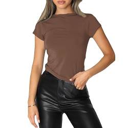 OYIGELZ Damen T-Shirt Klassischer Basic Kurzarm Crop Top Y2K Slim Fit Oberteile Casual Rundhals Tee Shirts(Braun,S) von OYIGELZ