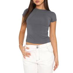 OYIGELZ Damen T-Shirt Klassischer Basic Kurzarm Crop Top Y2K Slim Fit Oberteile Casual Rundhals Tee Shirts(Grau,M) von OYIGELZ