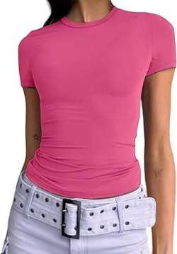 OYIGELZ Damen T-Shirt Klassischer Basic Kurzarm Crop Top Y2K Slim Fit Oberteile Casual Rundhals Tee Shirts(Rosa,M) von OYIGELZ