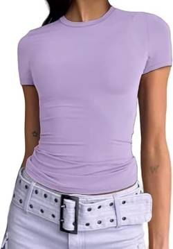 OYIGELZ Damen T-Shirt Klassischer Basic Kurzarm Crop Top Y2K Slim Fit Oberteile Casual Rundhals Tee Shirts(Violett,S) von OYIGELZ