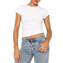 OYIGELZ Damen T-Shirt Klassischer Basic Kurzarm Crop Top Y2K Slim Fit Oberteile Casual Rundhals Tee Shirts(Weiß,M) von OYIGELZ