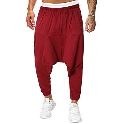 OYIGELZ Jogginghose Herren Baumwolle Haremshose Ausbildung Hose Weite Beine Yogahose Lose Reine Farbe Hip Länge Hose mit Hosentaschen Hose Aladinhose(Rot,XXL) von OYIGELZ