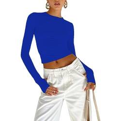 OYIGELZ Langarmshirt Damen Basic T-Shirt Langarm Crop Top Y2K Slim Fit Oberteile Casual Rundhals Tee Shirt(Blau,L) von OYIGELZ