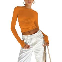OYIGELZ Langarmshirt Damen Basic T-Shirt Langarm Crop Top Y2K Slim Fit Oberteile Casual Rundhals Tee Shirt(Orange-b,XL) von OYIGELZ