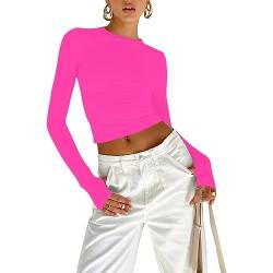 OYIGELZ Langarmshirt Damen Basic T-Shirt Langarm Crop Top Y2K Slim Fit Oberteile Casual Rundhals Tee Shirt(Rosa,L) von OYIGELZ