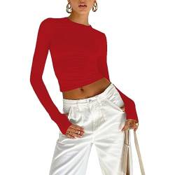 OYIGELZ Langarmshirt Damen Basic T-Shirt Langarm Crop Top Y2K Slim Fit Oberteile Casual Rundhals Tee Shirt(Rot,L) von OYIGELZ