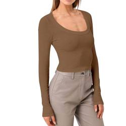 OYIGELZ Langarmshirt Damen Tunika Basic T-Shirt Crop Top Langarm Y2K Slim Fit Oberteile Casual sexy U-Neck Tee Shirt(Brown-tw,S) von OYIGELZ