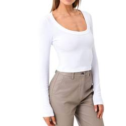 OYIGELZ Langarmshirt Damen Tunika Basic T-Shirt Crop Top Langarm Y2K Slim Fit Oberteile Casual sexy U-Neck Tee Shirt(Weiß-tw,L) von OYIGELZ