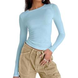 OYIGELZ Langarmshirt Tunika Damen Basic T-Shirt Crop Top Y2K Slim Fit Oberteile Casual Rundhals Tee Shirt(Himmelblau-a,S) von OYIGELZ