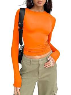 OYIGELZ Langarmshirt Tunika Damen Basic T-Shirt Crop Top Y2K Slim Fit Oberteile Casual Rundhals Tee Shirt(Orange-a,M) von OYIGELZ