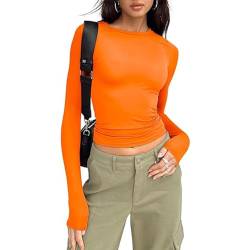 OYIGELZ Langarmshirt Tunika Damen Basic T-Shirt Crop Top Y2K Slim Fit Oberteile Casual Rundhals Tee Shirt(Orange-a,S) von OYIGELZ
