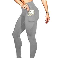 OYIGELZ Sport Leggings Damen High Waist mit Taschen Bauchkontrolle Sporthose Blickdichte Po Push Up Lange Sportleggins Yogahosen(M,Grau) von OYIGELZ