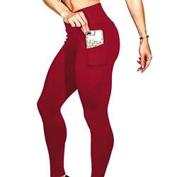 OYIGELZ Sport Leggings Damen High Waist mit Taschen Bauchkontrolle Sporthose Blickdichte Po Push Up Lange Sportleggins Yogahosen(S,WeinRot) von OYIGELZ