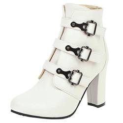 OYSOHE Damen High Heels Boots mit Blockabsatz Winterstiefel Retro Schnalle Frauen Stiefeletten Plateau Blockabsatz Bootie(Weiß,40 CN) von OYSOHE Damen